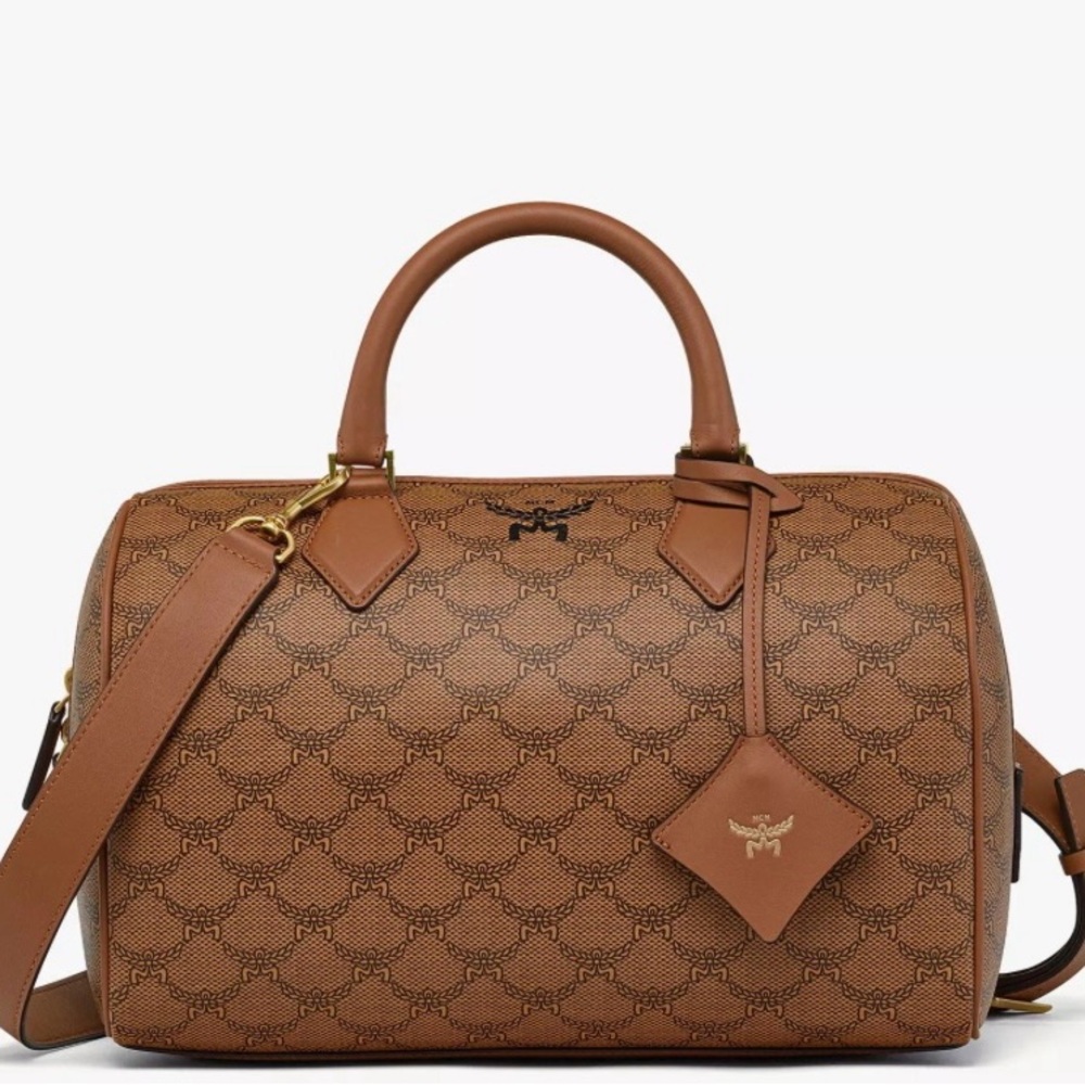 MCM Ella Lauretos Monogram Medium  Boston Bag Cognac